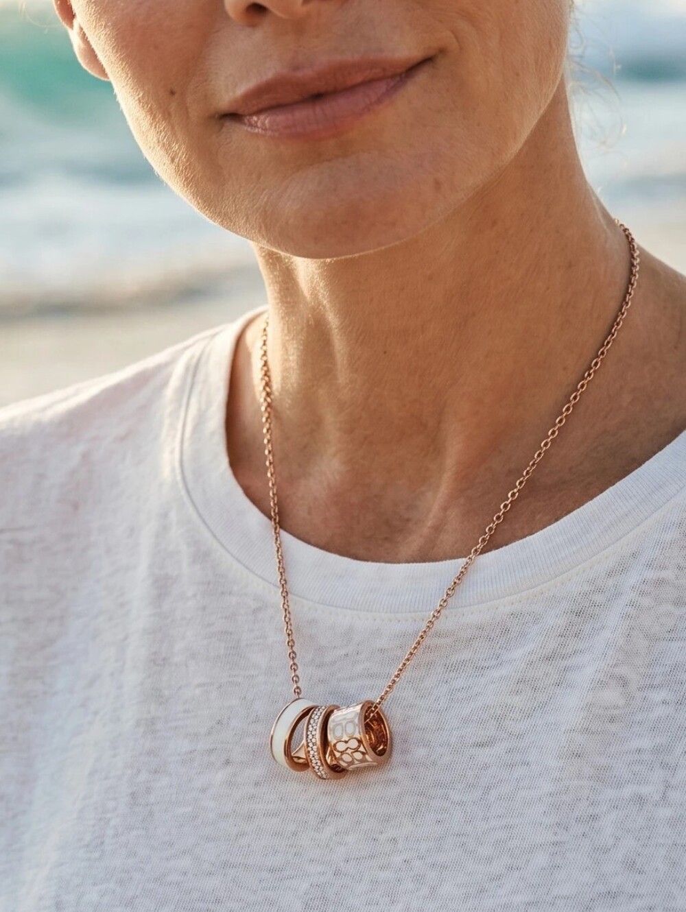 Coach Signature Enamel Rondelle Necklace - White And Rose Gold - Picture 2 of 4
